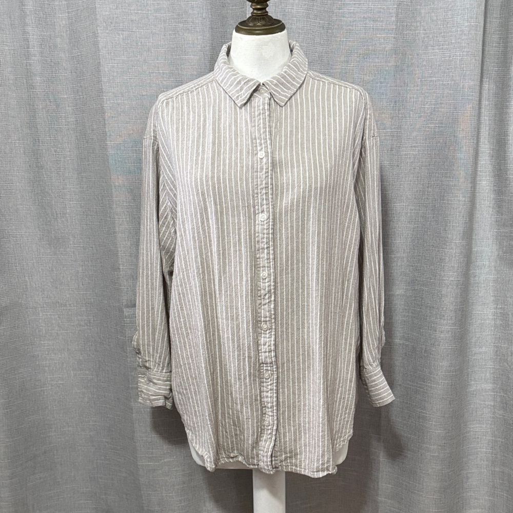 Rafaella Button Up Shirt-Wmns Sz 1X-Linen/Viscose Blend-Brown/White Striped-EUC